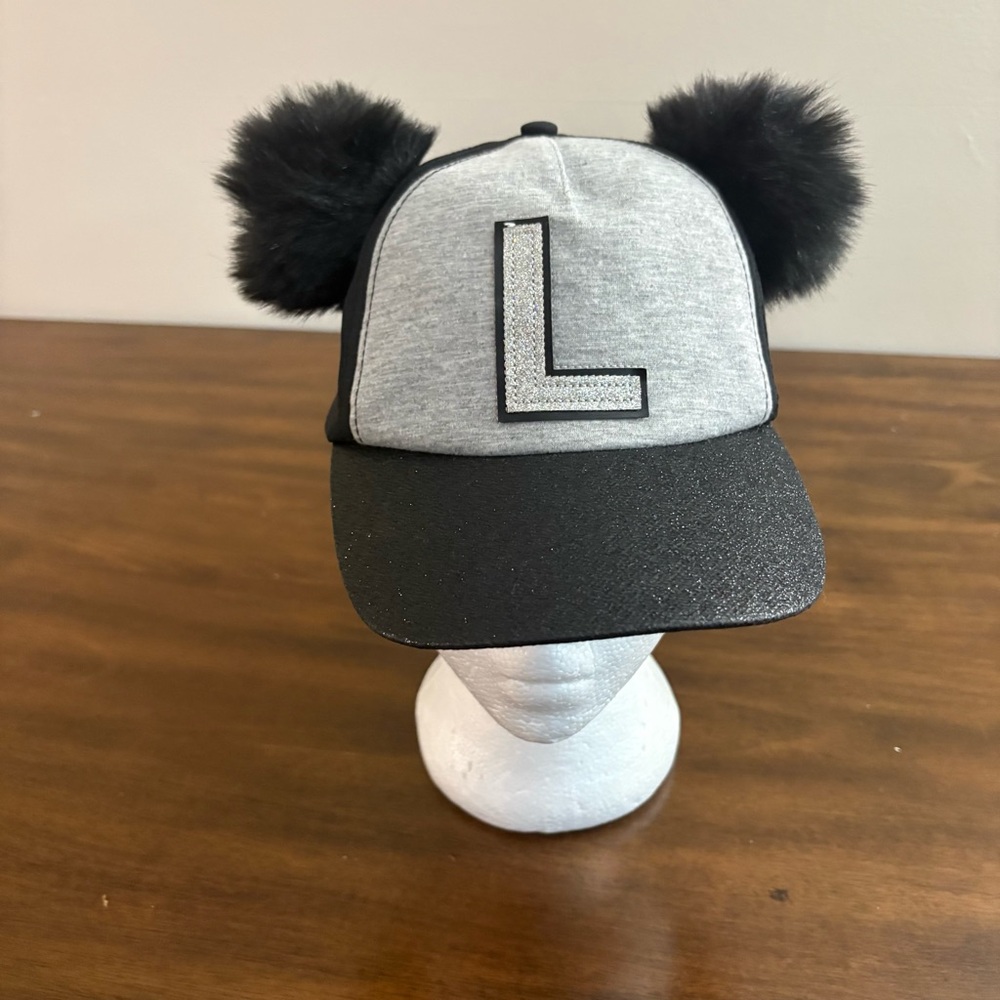 Justice Girls Black Hat Letter L with Pom Poms